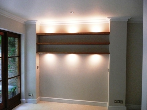 home office cabinets and long shelving installations